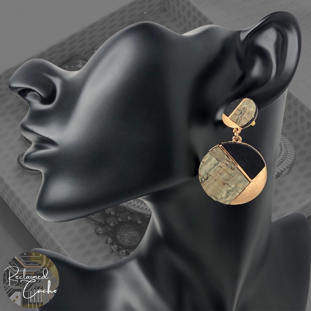 Gray, Black, and Gold Geometric Circle Earrings